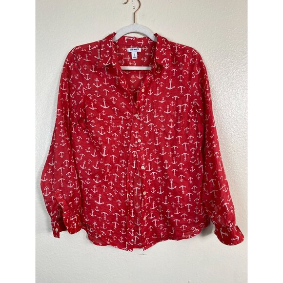 Old Navy Womens Red Anchor Print Button Up Shirt size Small Nautical sailor Ligh - Picture 14 of 15